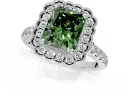 Milgrain Floral Halo Engagement Ring Setting for Fancy Green Radiant Cut Center with Pave Band and Prong Head in White Gold