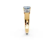 3 Stone Engagement Ring Setting for Fancy Blue Princess Cut Center with Raised Basket Heads and Prong Head in Yellow Gold