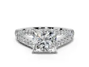 Solitaire Engagement Ring Setting for Princess Cut Center with Pave Split Shank and Prong Head in White Gold