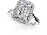Halo Engagement Ring Setting for Emerald Cut Center with Twist Band and Prong Head in Sterling Silver