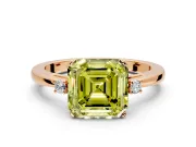 3 Stone Engagement Ring Setting for Fancy Yellow Asscher Cut Center with Low-Set Round Cut Accents and Prong Head in Rose Gold