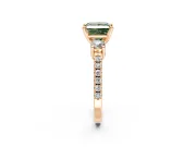 3 Stone Engagement Ring Setting for Fancy Green Princess Cut Center with Round Cut Side Accents and Prong Head in Rose Gold
