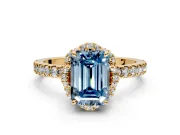 Halo Engagement Ring Setting for Fancy Blue Emerald Cut Center with Openwork Halo, Pave Band and Prong Head in Yellow Gold