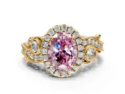 Milgrain Halo Engagement Ring Setting for Fancy Pink Oval Center with Shoulder Bezels and Prong Head in Yellow Gold