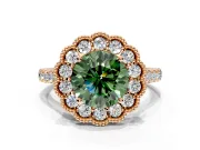 Milgrain Floral Halo Engagement Ring Setting for Fancy Green Round Cut Center with Pave Band and Prong Head in Rose Gold