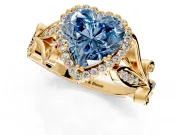Halo Engagement Ring Setting for Fancy Blue Heart-Shaped Center with Leaf Motif Split Shank and Prong Head in Yellow Gold