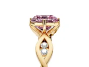 Solitaire Engagement Ring Setting for Fancy Pink Asscher Cut Center with Accented Twist Band and Leaf Prong Head in Yellow Gold