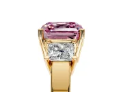 3 Stone Engagement Ring Setting for Fancy Pink Asscher Cut Center with Matching Side Accents and Prong Head in Yellow Gold