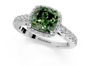Halo Engagement Ring Setting for Fancy Green Cushion Cut Center with Full Pave Band and Prong Head in White Gold