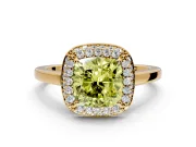 Halo Engagement Ring Setting for Fancy Yellow Cushion Cut Center with Plain Tapered Band and Prong Head in Yellow Gold