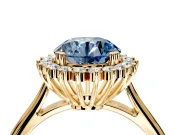 Starburst Halo Engagement Ring Setting for Fancy Blue Round Cut Center with Thin Round-Wire Band and Prong Head in Yellow Gold