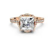 Halo Engagement Ring Setting for Princess Cut Center with Openwork Halo, Pave Band and Prong Head in Rose Gold