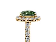 Halo Engagement Ring Setting for Fancy Green Cushion Cut Center with Narrowing Pave Band and Prong Head in Yellow Gold