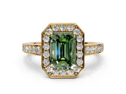 Bezel-Framed Halo Engagement Ring Setting for Fancy Green Emerald Cut Center with Pave Band and Prong Head in Yellow Gold