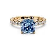 Solitaire Engagement Ring Setting for Fancy Blue Cushion Cut Center with Shared-Prong Accents and Prong Head in Yellow Gold