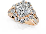Large Accent Halo Engagement Ring Setting for Princess Cut Center with Pave Split Shank and Prong Head in Rose Gold
