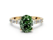 Baguette Engagement Ring Setting for Fancy Green Oval Center with Alternating Bar-Set Band and Prong Head in Yellow Gold