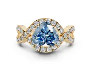 Halo Engagement Ring Setting for Fancy Blue Heart-Shaped Center with Pave Infinity Twist Band and Prong Head in Yellow Gold