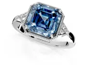 Cluster Engagement Ring Setting for Fancy Blue Asscher Cut Center with Milgrain Shoulder Clusters and Prong Head in Platinum