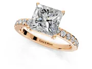 Solitaire Engagement Ring Setting for Princess Cut Center with Round Cut Pave Band and Prong Head in Rose Gold