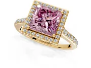 Halo Engagement Ring Setting for Fancy Pink Princess Cut Center with Pave Accents, Heart Basket and Prong Head in Yellow Gold