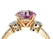 3 Stone Engagement Ring Setting for Fancy Pink Round Cut Center with Round Cut Side Accents and Prong Head in Yellow Gold