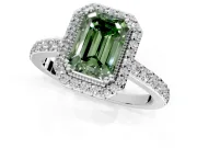 Halo Engagement Ring Setting for Fancy Green Emerald Cut Center with Inner Milgrain Border and Prong Head in Platinum
