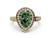 Halo Engagement Ring Setting for Fancy Green Pear-Shaped Center with Outer Bezel Rim, Pave Band and Prong Head in Yellow Gold