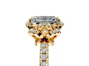 Halo Engagement Ring Setting for Emerald Cut Center with Openwork Halo, Pave Band and Prong Head in Yellow Gold
