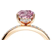 Solitaire Engagement Ring Setting for Fancy Pink Cushion Cut Center with Fine Pave Band and Prong Head in Rose Gold