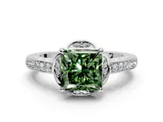 Floral Engagement Ring Setting for Fancy Green Princess Cut Center with Four Accent Clusters and Prong Head in Platinum
