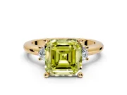 3 Stone Engagement Ring Setting for Fancy Yellow Asscher Cut Center with Wide Plain Band and Prong Head in Yellow Gold