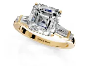 Bar-Set Engagement Ring Setting for Asscher Cut Center with Tapered Baguette Accents and Prong Head in Yellow Gold