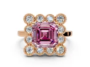 Cluster Halo Engagement Ring Setting for Fancy Pink Asscher Cut Center with Milgrain Bezel Accents and Prong Head in Rose Gold