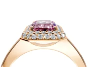 Halo Engagement Ring Setting for Fancy Pink Emerald Cut Center with Plain Tapered Band and Prong Head in Rose Gold