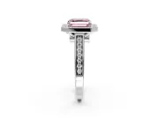 Halo Engagement Ring Setting for Fancy Pink Asscher Cut Center with Outer Bezel Rim, Pave Band and Prong Head in White Gold
