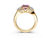3 Stone Engagement Ring Setting for Fancy Pink Asscher Cut Center with Raised Basket Heads and Prong Head in Yellow Gold