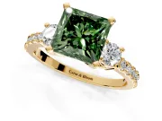 3 Stone Engagement Ring Setting for Fancy Green Princess Cut Center with Round Cut Side Accents and Prong Head in Yellow Gold