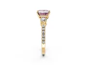 3 Stone Engagement Ring Setting for Fancy Pink Princess Cut Center with Round Cut Side Accents and Prong Head in Yellow Gold