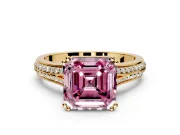 Solitaire Engagement Ring Setting for Fancy Pink Asscher Cut Center with Pave Rail Split Shank and Prong Head in Yellow Gold