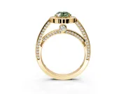 Halo Engagement Ring Setting for Fancy Green Oval Center with Framed Halo, Pave Band and Prong Head in Yellow Gold