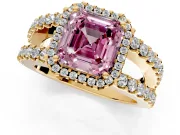 Halo Engagement Ring Setting for Fancy Pink Asscher Cut Center with Wide-Open Pave Split Shank and Prong Head in Yellow Gold