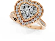 Halo Engagement Ring Setting for Heart-Shaped Center with Milgrain Frame, Pave Band and Prong Head in Rose Gold