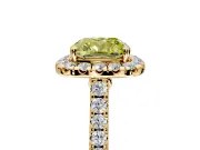 Halo Engagement Ring Setting for Fancy Yellow Cushion Cut Center with Narrowing Pave Band and Prong Head in Yellow Gold