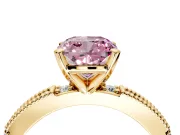 Solitaire Engagement Ring Setting for Fancy Pink Cushion Cut Center with Milgrain-Edged Pave Band and Prong Head in Yellow Gold