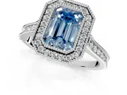 Halo Engagement Ring Setting for Fancy Blue Emerald Cut Center with Milgrain Pave Band and Bezel Head in Platinum