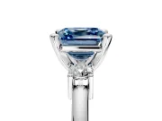 3 Stone Engagement Ring Setting for Fancy Blue Asscher Cut Center with Wide Plain Band and Prong Head in Platinum
