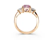 3 Stone Engagement Ring Setting for Fancy Pink Cushion Cut Center with Matching Side Accents and Prong Head in Rose Gold