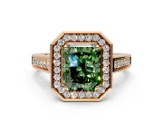 Halo Engagement Ring Setting for Fancy Green Radiant Cut Center with Outer Bezel Rim, Pave Band and Prong Head in Rose Gold