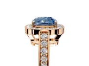 Bezel-Framed Halo Engagement Ring Setting for Fancy Blue Cushion Cut Center with Pave Band and Prong Head in Rose Gold